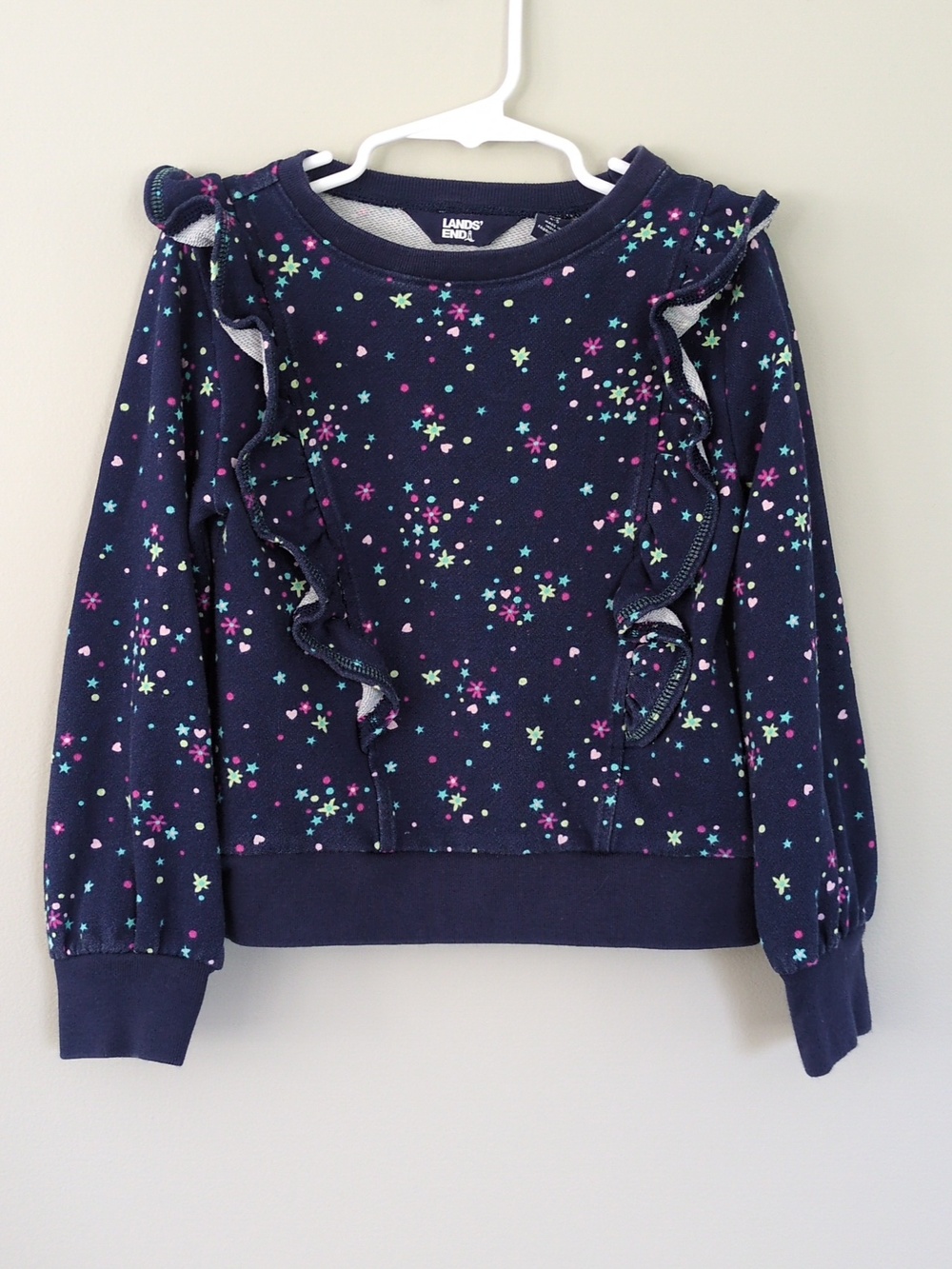 Lands End Kids Ruffle Long-Sleeve Sweatshirt Blue Flower Pattern Size XS 4-5